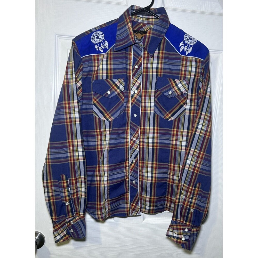 El General Western Wear Men’s Plaid Embroidered Pearl Snap Button Up Size Large